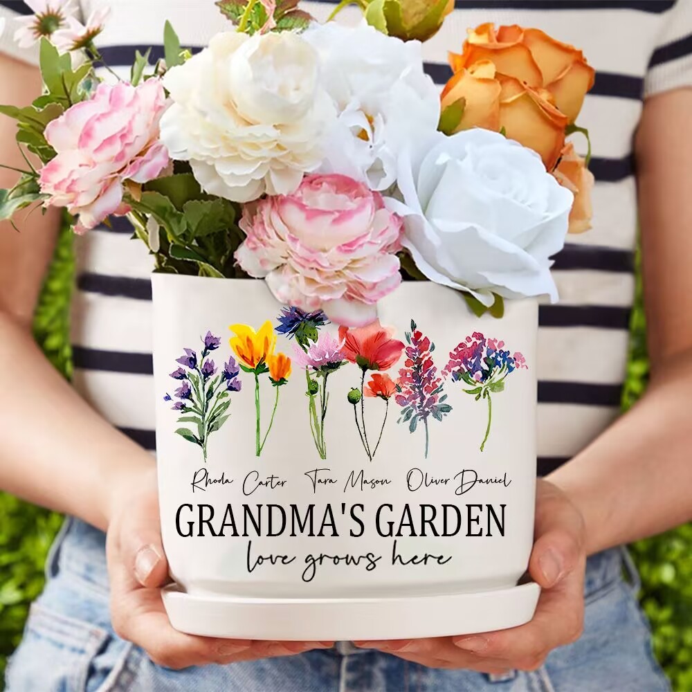 Custom Grandma's Garden Birth Flower Pot With Grandkids Name For Mother's Day Gift Ideas