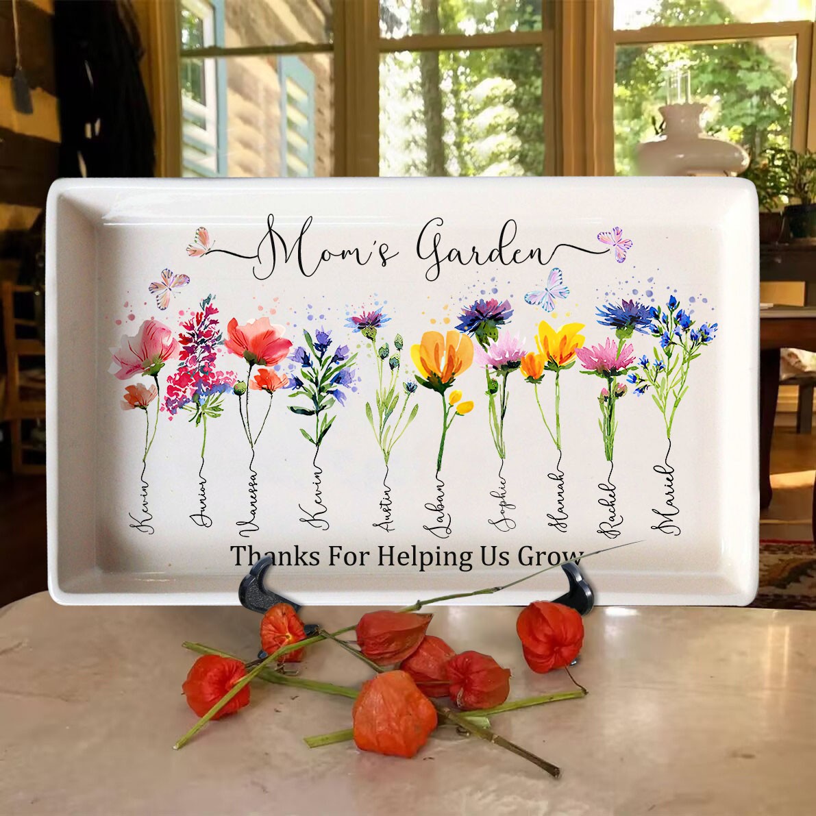 Personalized Mom's Garden Birth Flower Platter Tray With Kids Name For Mother's Day Mom Gift Ideas