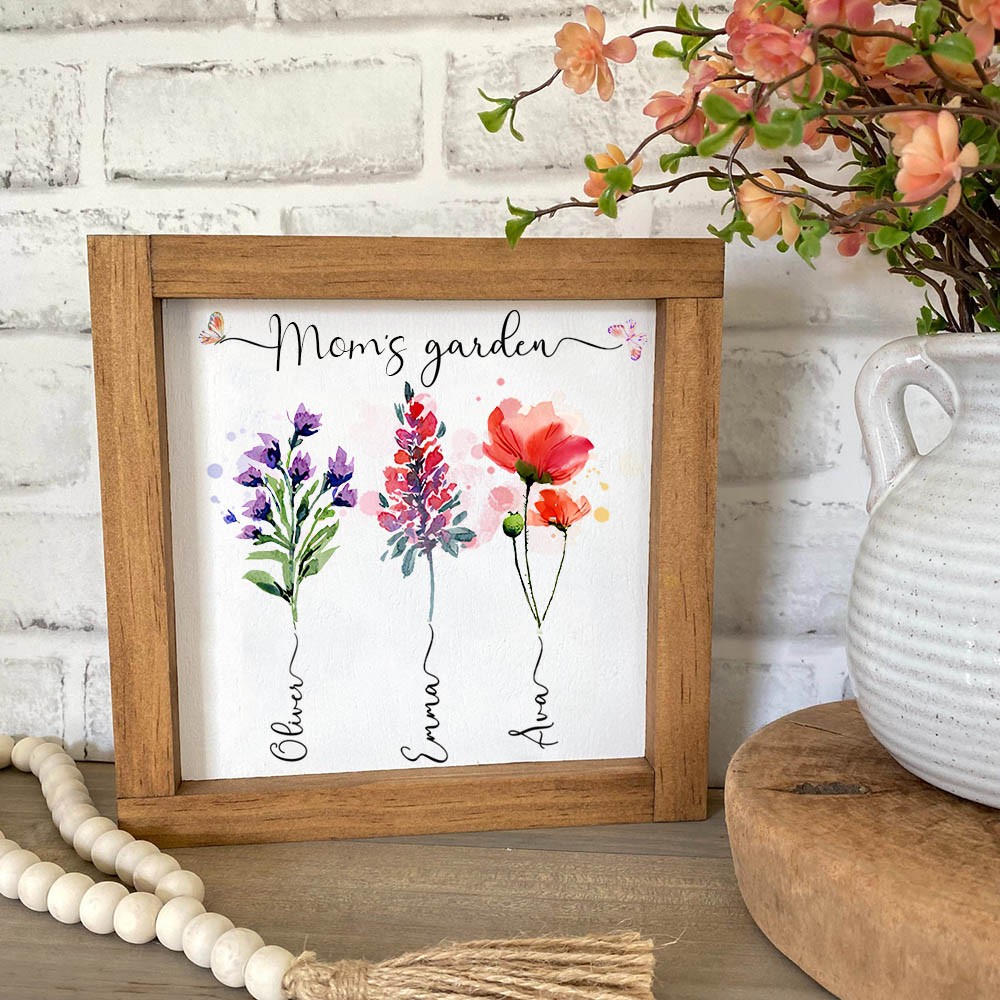 Personalized Mom's Garden Birth Month Flower Sign With Kids Name For Mother's Day Gift Ideas