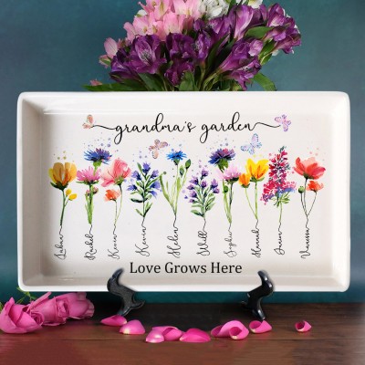 Personalized Grandma's Garden Birth Flower Platter Tray With Grandchildren Name For Mother's Day Mom Gift Ideas