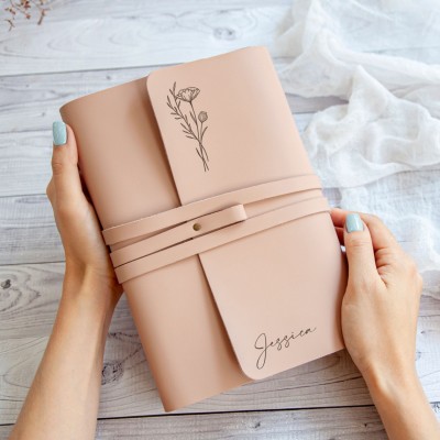 Personalized Birth Flower Leather Journal Book Gift for Mother's Day