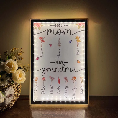 First Mom Now Grandma Custom Birth Flower Bouquet Night Light Mirror For Mother's Day