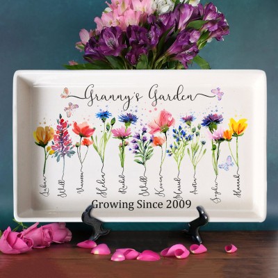 Personalized Granny's Garden Birth Flower Platter Tray With Grandchildren Name For Mother's Day Mom Gift Ideas