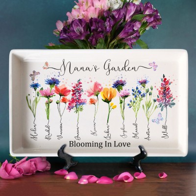 Personalized Nana's Garden Birth Flower Platter Tray With Grandchildren Name For Mother's Day Mom Gift Ideas