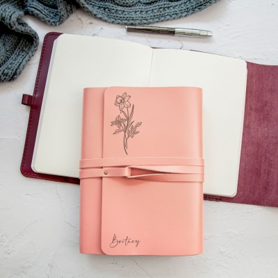 Personalized Birth Flower Leather Journal Book Gift for Mother's Day