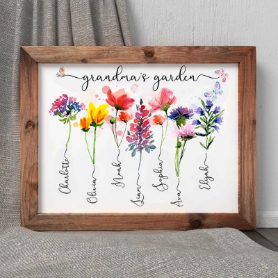 Personalized Grandma's Garden Birth Month Flower Sign With Grandkids Name For Mother's Day Mom Gift Ideas