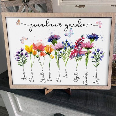 Personalized Grandma's Garden Birth Month Flower Wood Sign With Grandkids Name For Mother's Day Mom Gift Ideas