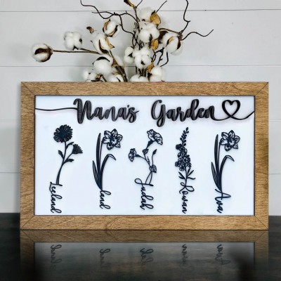 Personalized Nana's Garden Birth Month Flower Wood Sign With Kids Name For Mother's Day Mom Gift Ideas