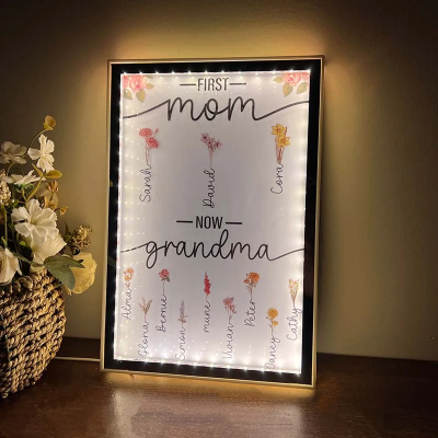 First Mom Now Grandma Custom Birth Flower Bouquet Night Light Mirror For Mother's Day